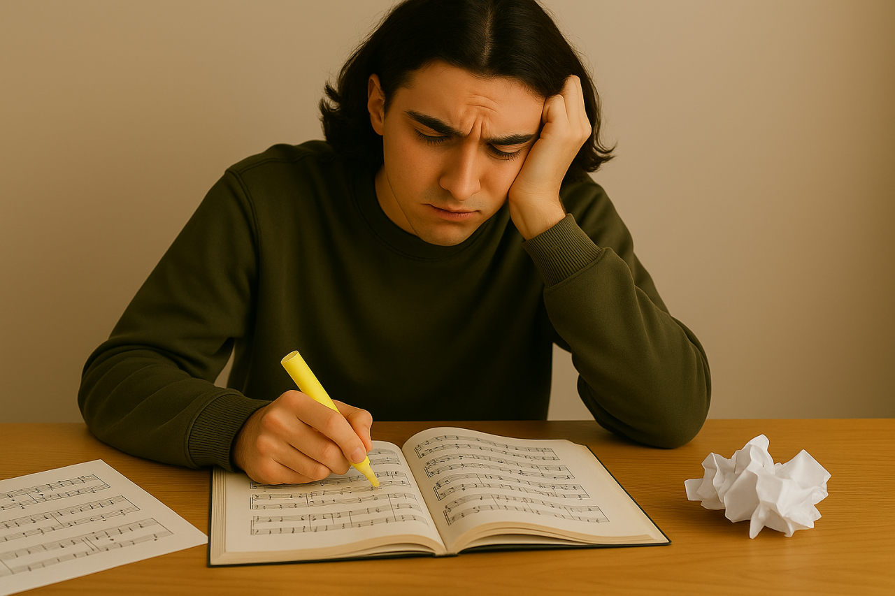 Frustrated music student highlighting notes ineffectively, illustrating why re-reading and copying don’t improve memory